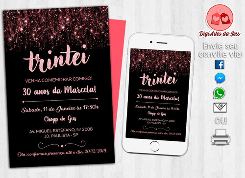 Imagem 1 de 2 de Convite Digital Trintei / Glitter Rosa #5200