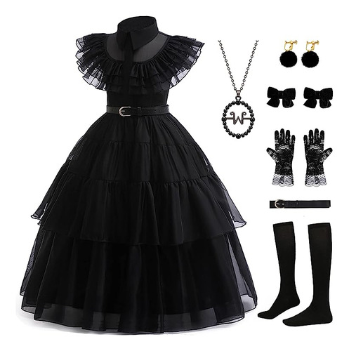Wednesday Addams Vestido Disfraz Para Niñas Con Accesorios