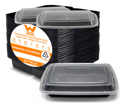 Contenedor Rectangular 28oz, Topper Wow, 50 Jgos, Reciclable Color Negro