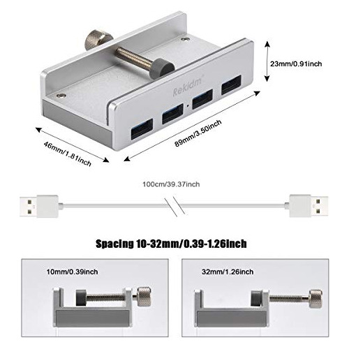 Usb Hub 3.0 - Abrazadera Rekidm De Escritorio De Aluminio De