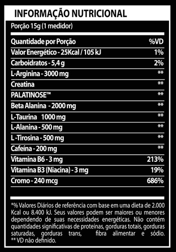 Pré Treino Prohibido Com Creatina, Beta Alanina, Taurina, L-tirosina, L-alanina, Cafeína, Arginina E Palatinose - Extra Forte E Concentrado 360g - Sabor: Chiclete