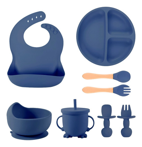 Set De Cubiertos Para Bebés Silicona Plato Antideslizante Color Azul Liso Personaje Ninguno