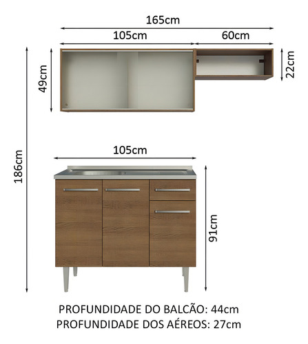 Armário Cozinha Compacta 165cm Com Pia Emilly Madesa 05 R Cor Rustic