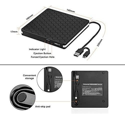 Unidad De Dvd Externa, Amicool Usb 3.0 Type-c Cd Dvd +/-rw