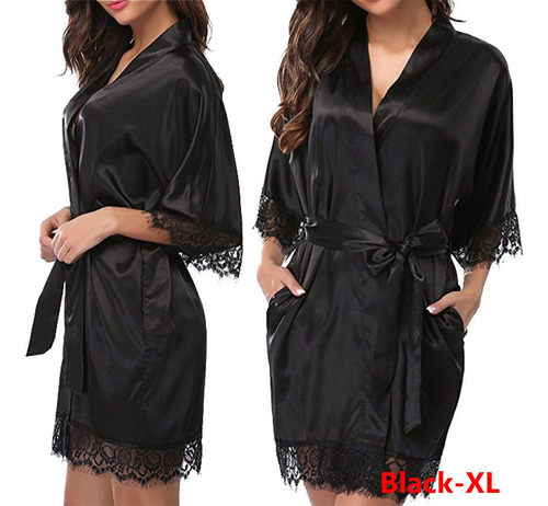 Vestido Kimono De Encaje Satinado De Seda Para Mujer, Bata D