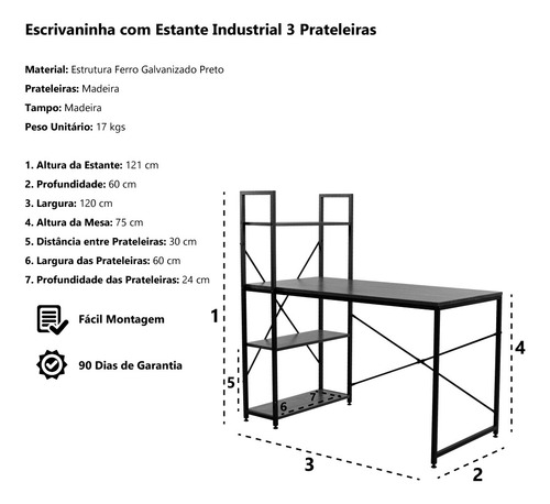 Imagem 3 de 3 de Escrivaninha Industrial Com Estante 3 Prateleiras Madeira