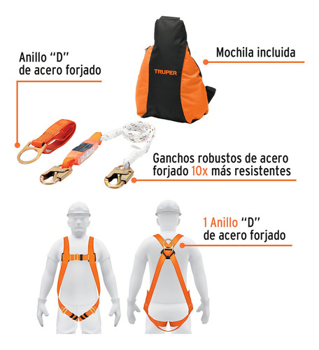 Kit Contra Caidas 4 Piezas Con Certificacion Truper 100886 Color Naranja Talla 40