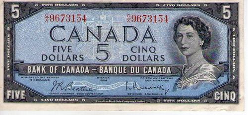 Canada Billete De 5 Dolares 1954 P77b Exc-