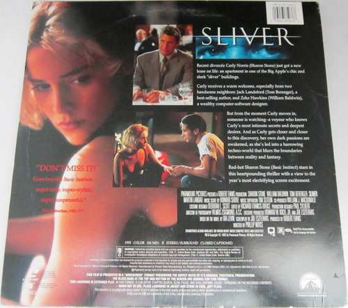 Sliver - Widescreen Edition 1993 Importado Usa Laserdisc Ld