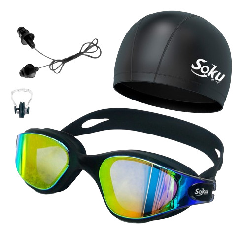 Kit Natación Profesional Lentes Gafas Gorra Color Negro Soku Classic Pro