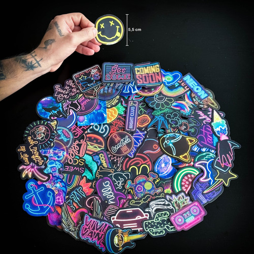 Kit 100 Adesivos Neon Fluorescente Caveira Placas Rock Cores