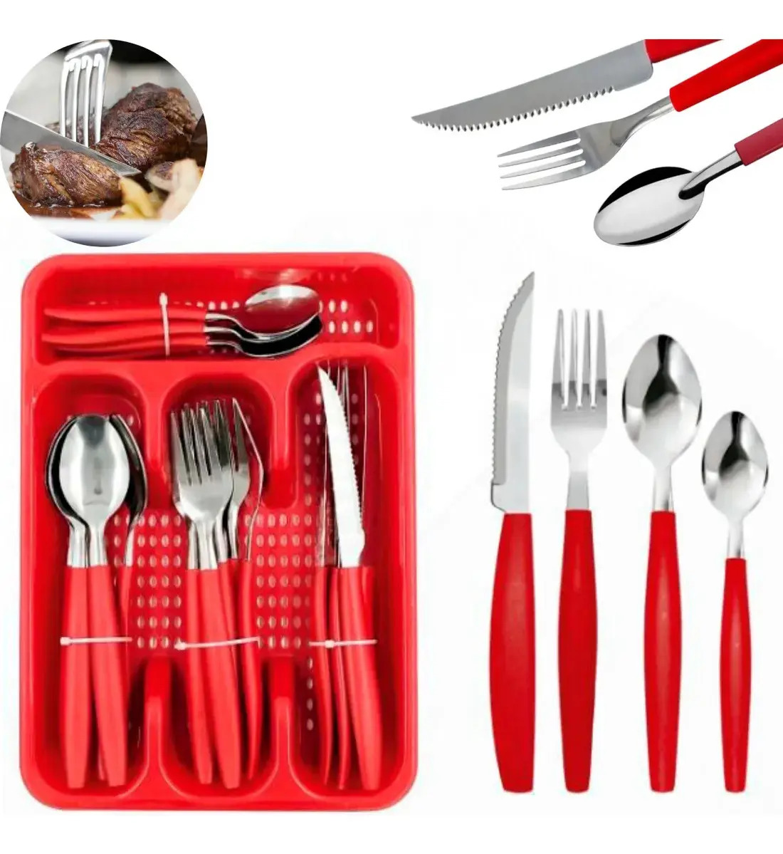 Jogo Talheres Colher Faqueiro Garfo Inox Gaveteiro 17 Peças Cor Vermelho