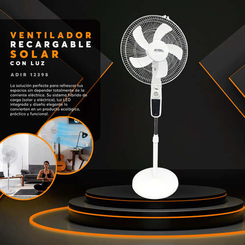 Ventilador Solar Recargable 17pul Con Luz Y Control Adir Blanco