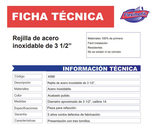 Fleximatic 4588 Rejilla De Acero Inoxidable De 3 1/2