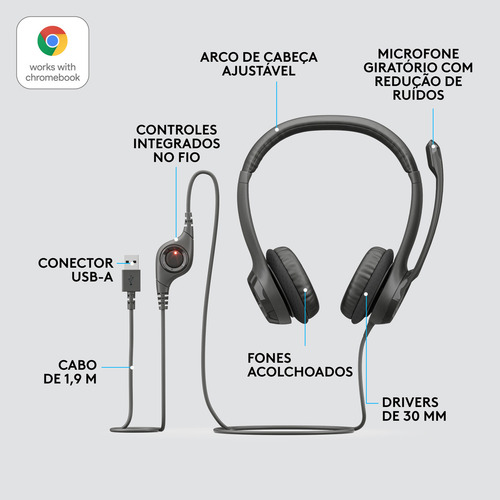Headset Com Fio Usb Logitech H390 Preto