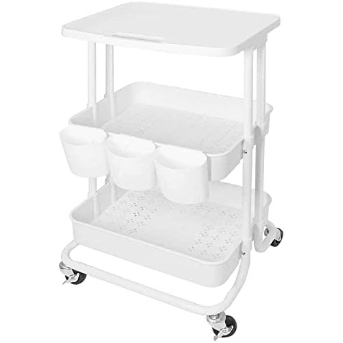 3 Tier Rolling Cart Tabletop Cart With Hanging Cups Whi...