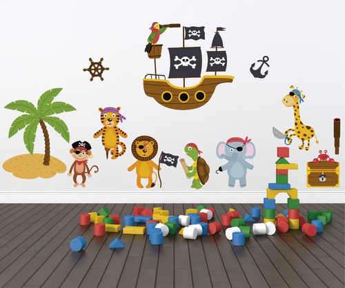 Vinilo Decorativo Infantil Piratas-i 10, Animalitos Pirata. Color Multicolor