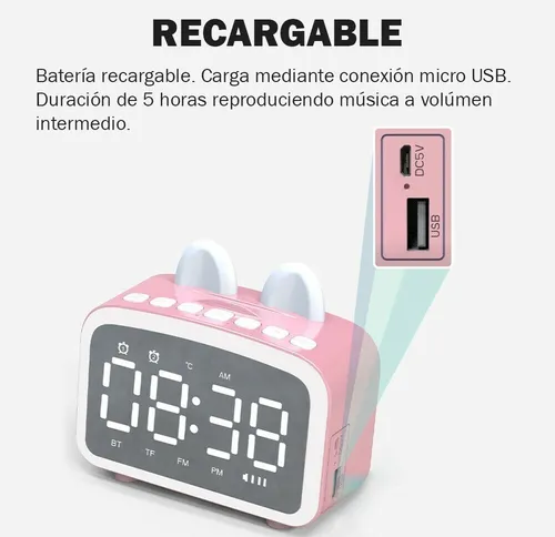 Radio reloj bluetooth despertador alarma inalámbrico recargable luz led FM  NUEVO