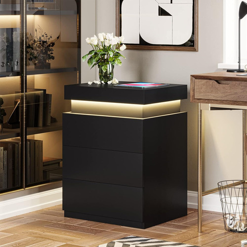 Mesita De Noche Con Carga Usb Y Luces Led Mate Negro