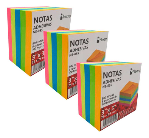 3 Notas Adhesivas 3x3 Neón 5 Bloques 500 Hojas Nextep Color