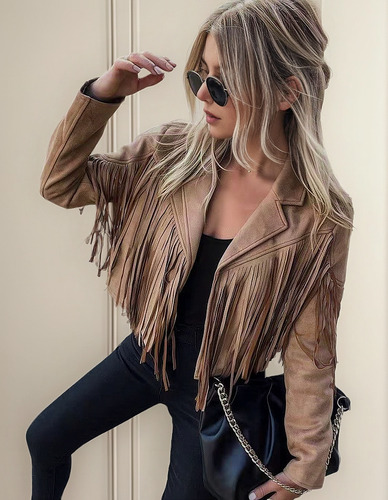 Chaqueta De Mujer De Cuero Estilo Cowboy Con Flecos