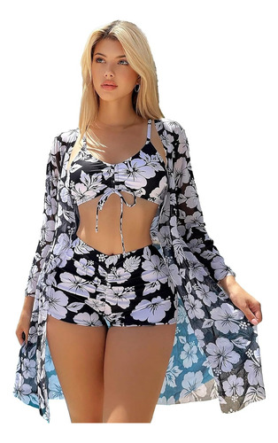 Juego De Traje De Baño Bikini Para Mujer Con Abrigo 3 Piezas H1 L