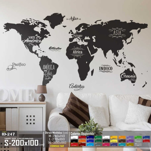 Vinilo Decorativo Mapa Mundial Nombres De Continentes