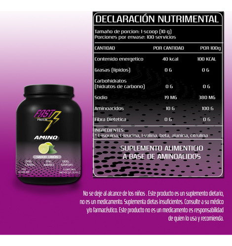 Aminoácidos En Polvo Fast 1 Kg Varios Sabores 100 Servis Limón