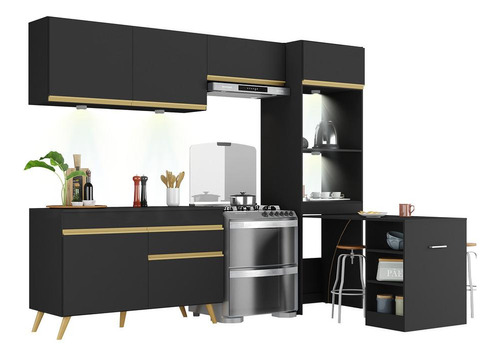 Armário Cozinha Compacta 252cm Veneza Up Multimóveis V2028 Cor Preto/Dourado