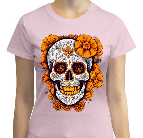 Playera Diseño Calavera Mexicana- Flor Naranja - Día Muertos