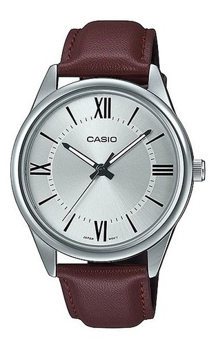 Reloj Casio Hombre Mtp-v005l-7b5 Malla Cuero Fondo Plateado Color Del Fondo Plateado Color De La Malla Marrón Color Del Bisel Plateado