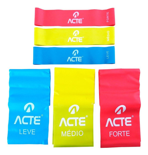 Kit Treino Fitness C/ 3 Faixas Elásticas E 3 Mini Bands Acte Azul Amarelo Vermelho