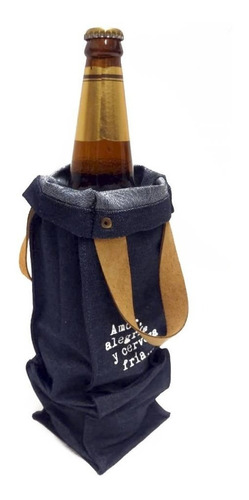 Imagen 2 de 5 de Bolsa Jean Y Cuero Para Botella De Cerveza Factura A O B