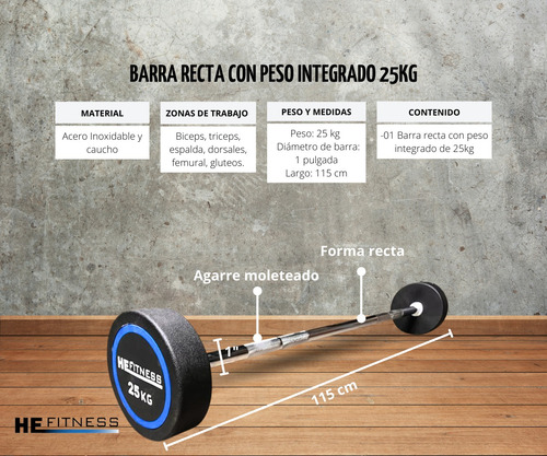 Barra Recta,peso Fijo Integrado 25kg, Entrenamiento Crossfit