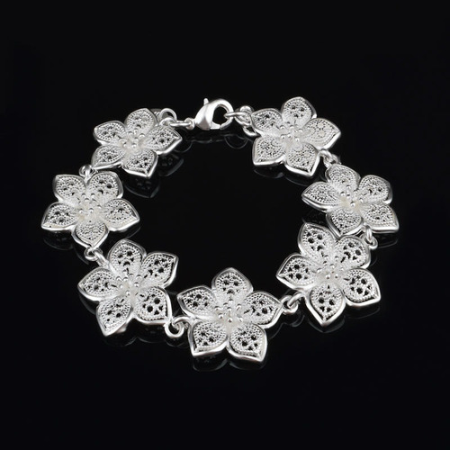 Pulsera De Diseño De Plata Esterlina 925 Flores Caladas