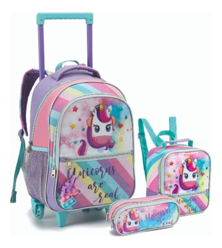 Kit Mochila Infantil 16 + Estojo + Lancheira Unicórnio Pop