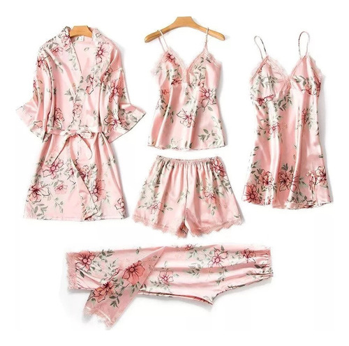 Pijama De Satén Estampado Para Mujer, Conjunto De 5