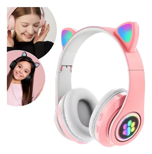 Fone De Ouvido Over-ear Gamer Sem Fio Cat Stn-28 Rosa Led