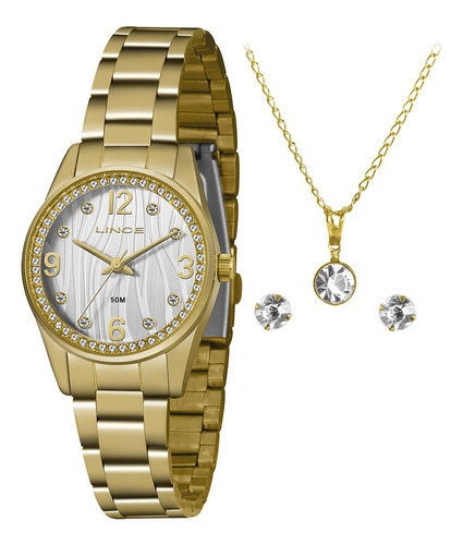 Relógio Feminino Lince Dourado + Colar E Brincos