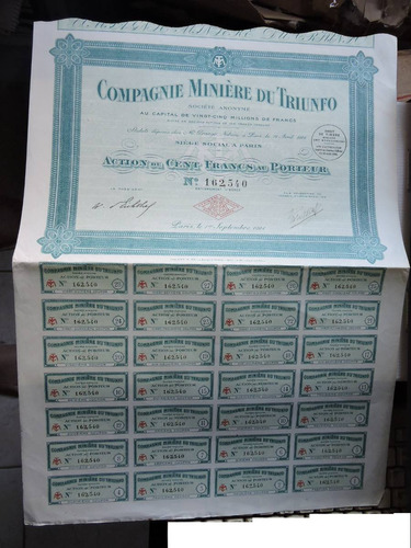 Cia Miniere Du Triunfo Apolice 100 Francs 1924 França