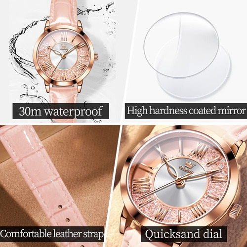 Reloj Olevs/5539 Dorado Para Mujer Con Correa De Cuero Rosa Dorado/rosa Rosa