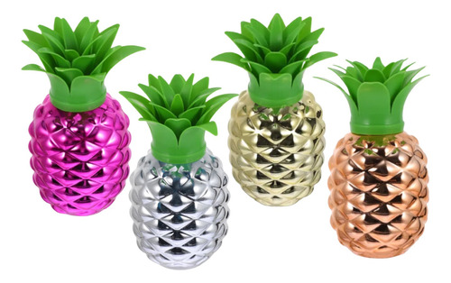 4 Vasos Piña De Plastico 600ml Con Popote Colores Metalicos