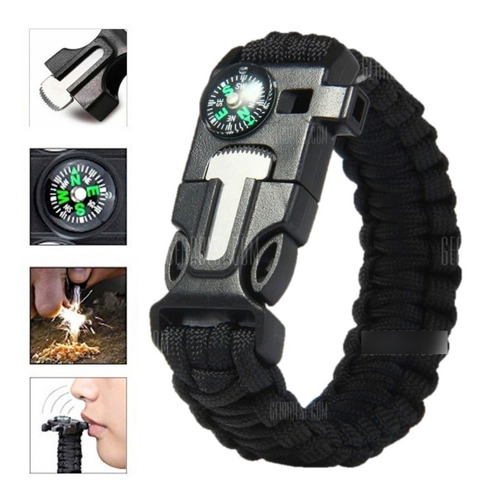 Pulseira Paracord Bússola Apito Faca Lâmina Pederneira Fogo