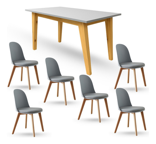 Juego Comedor Nórdico Mesa Escandinava 180 + 6 Sillas Vita Gris