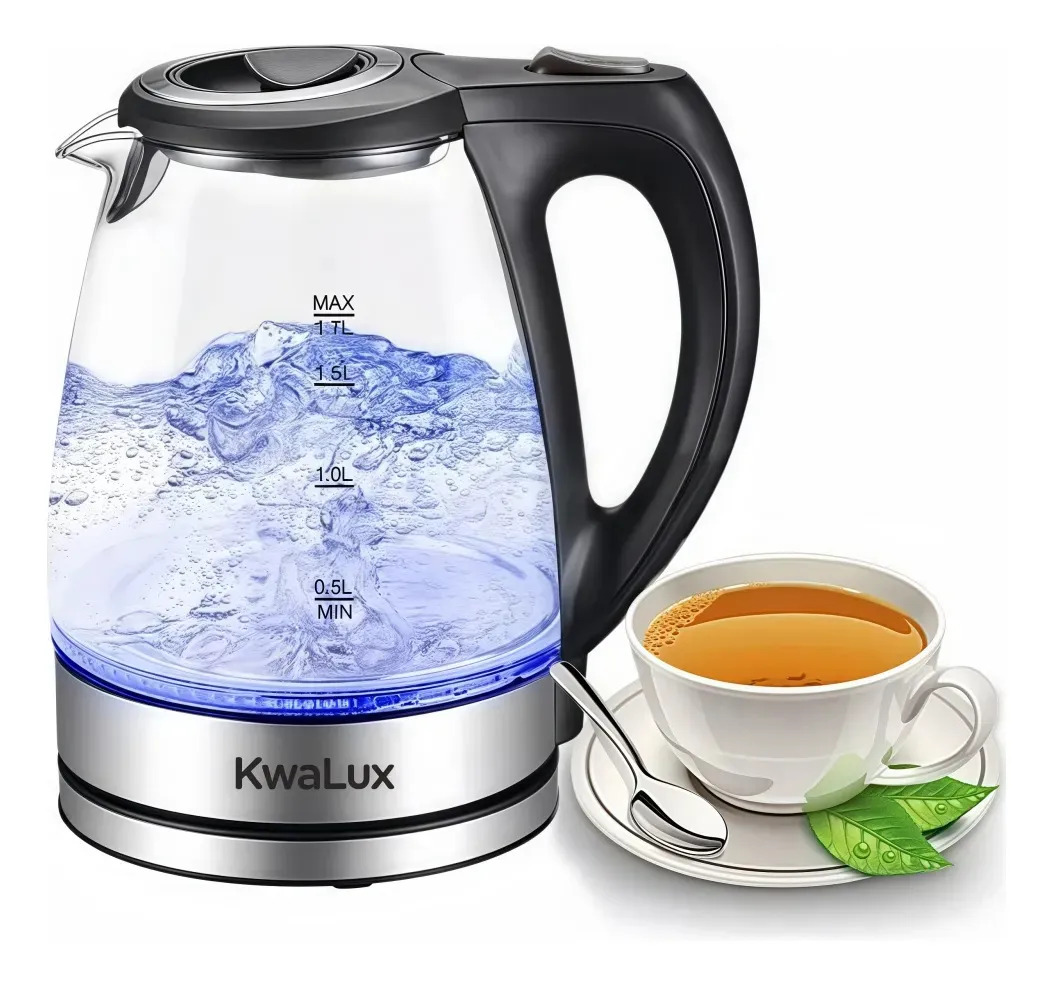 Hervidor Eléctrico Kwalux Tetera Vidrio 2L Jarra Acero Inoxidable Apagado Auto Luz LED Azul