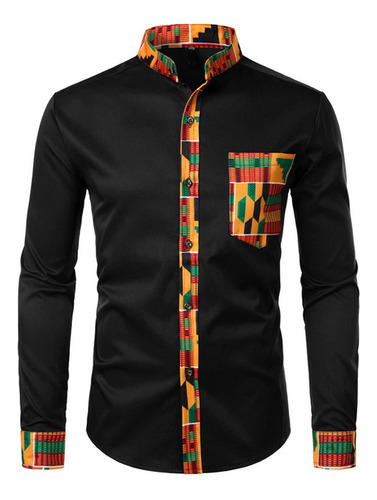 Camisa De Manga Larga Con Botones Y Estampado De Patchwork P