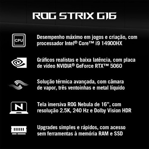Notebook Gamer Rog Strix Rtx5060 Core I9 16gb 512ssd W11 Eclipse Gray