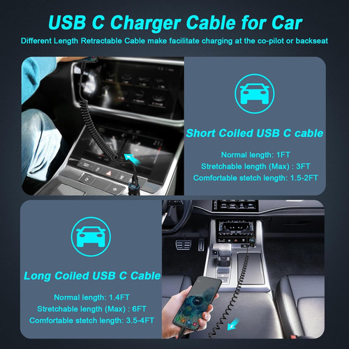 Cable Usb C En Espiral Para Automóvil, 3 6 Pies Usb A Tipo