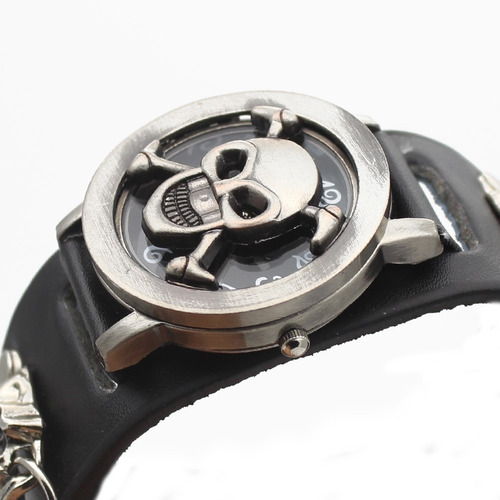 Reloj Calavera Hombre Caballero Punk 2 Calaveras Y Cadena * Correa Negra Bisel Acero Fondo Negro/letras Blancas