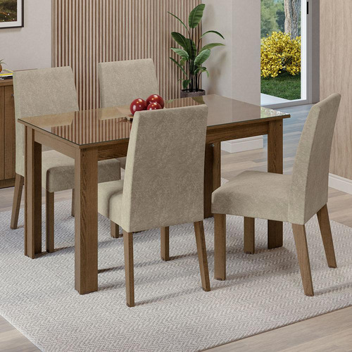 Sala Jantar Mesa Tampo Vidro 4 Cadeiras Antônia Madesa Ri Cor Rustic/Imperial Desenho do tecido das cadeiras Liso